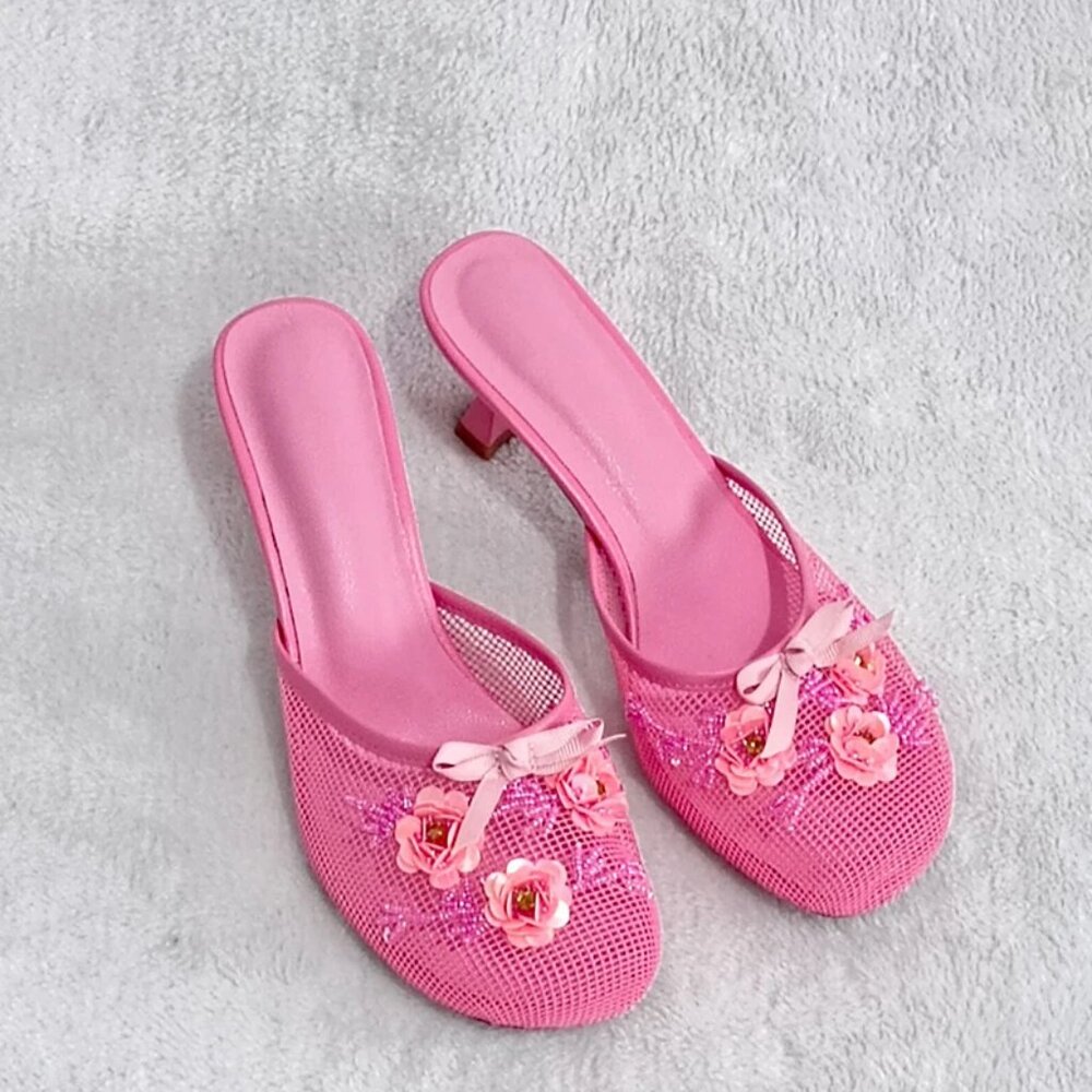 Fashion mesh floral women slides sexy thin heel slip on sandals